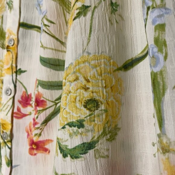 Rose + Olive Floral Blouse Top Cottagecore Yellow Red Green Tie Sleeves Size M - Picture 7 of 12